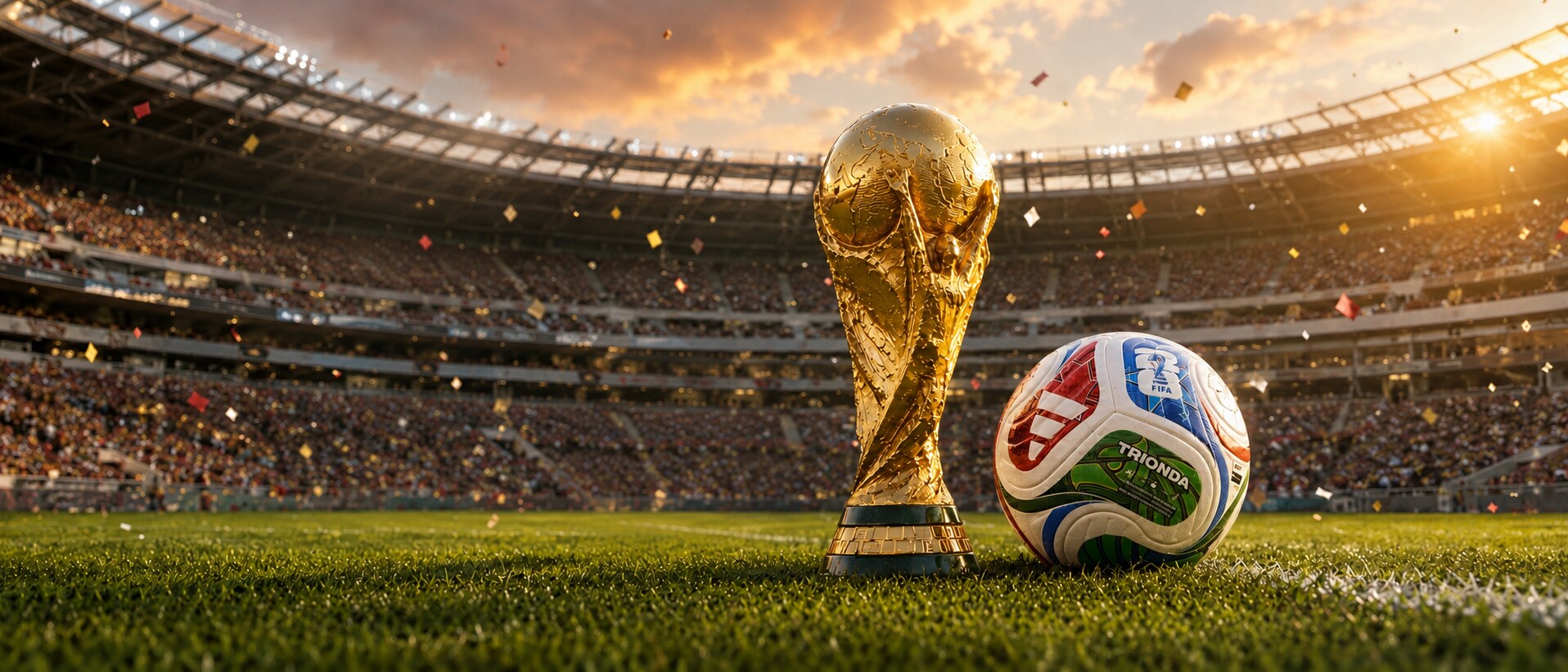 Trofeo y balón en un estadio de fútbol